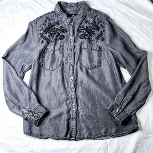 Jordache Embroidered Charcoal Jean Button Down Shirt, Women's Size M